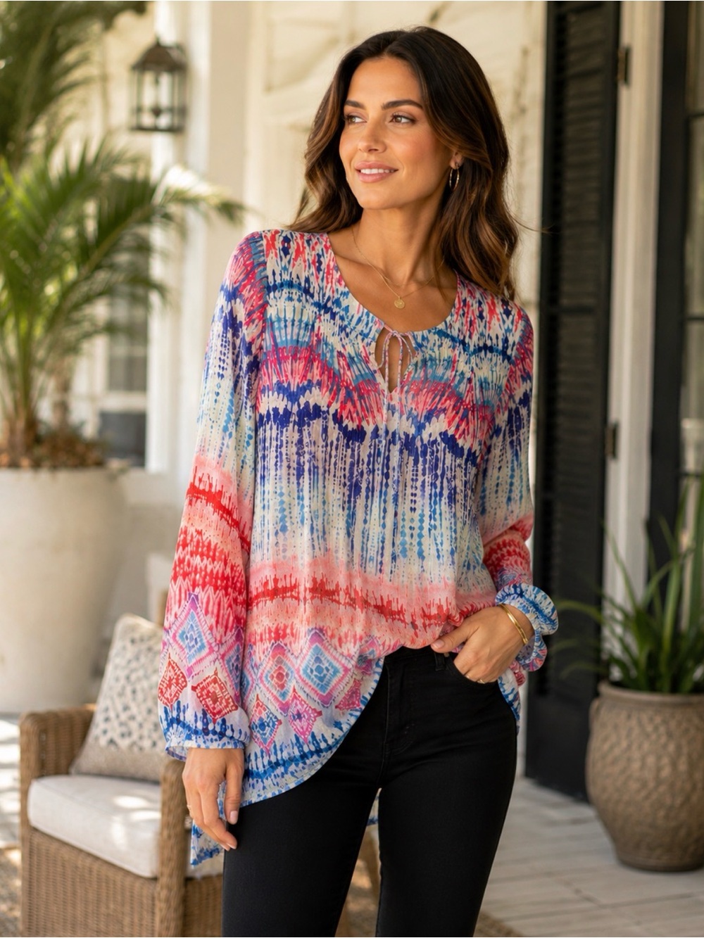 NWT Love Kyla Silk Blend Boho Tunic Blouse Pink Blue Medium